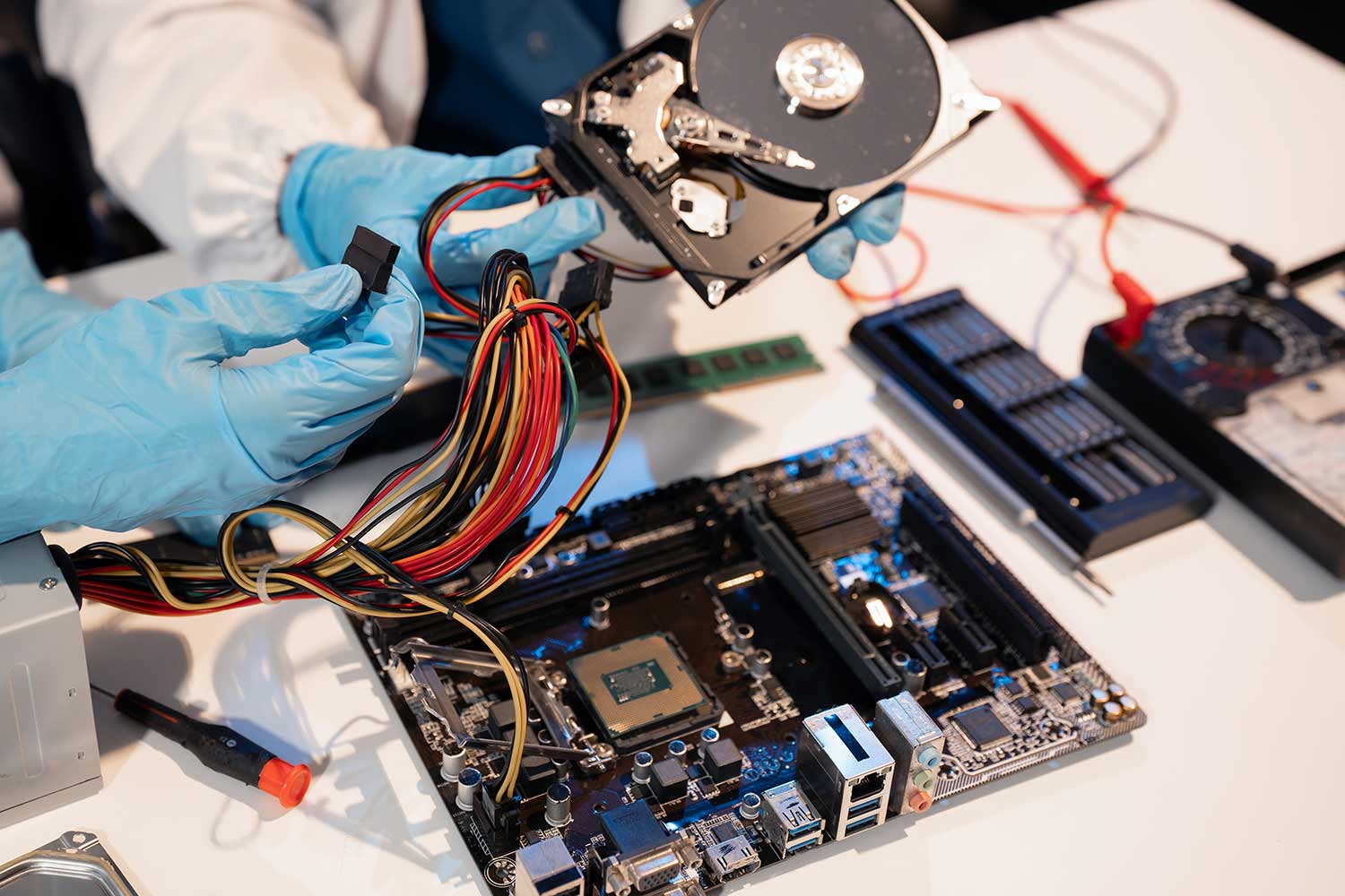 Data Recovery - PCMaster Pro Technician connecting hard drive to recover data